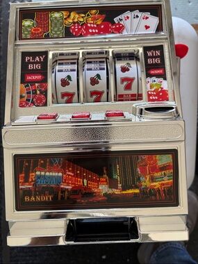 Mini coin holder saving bank in Metallic Silver with Red Accents